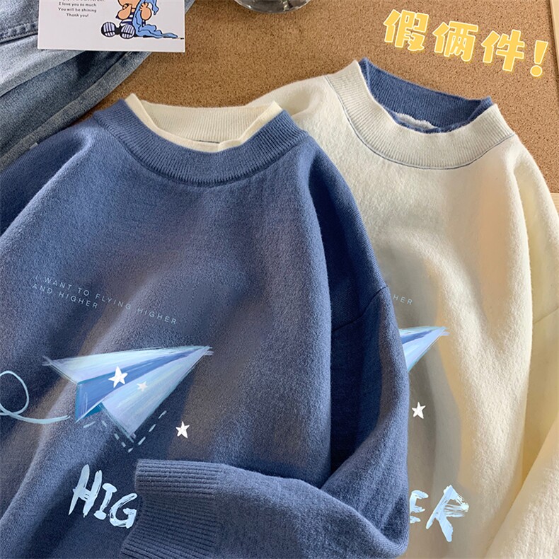 控78假两件毛衣男大码加绒针织衫男毛线衣M80270-P55加绒P70,男装针织衫/毛衣,电商A040
