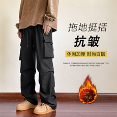 加绒加厚美式高街长裤坠感直筒加绒工装裤K211-特批-38加绒特批48，男装休闲裤，星座718-1