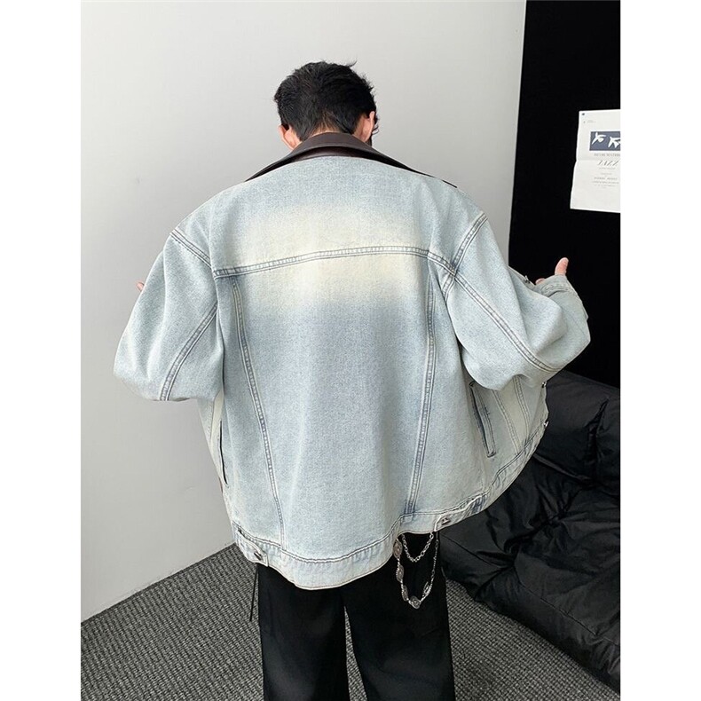 拼接牛仔外套男女春秋冬潮牌街头宽松BF翻领工装夹克4911P75,男装工装外套,星座410-2