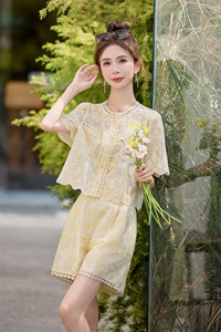 2025夏季新款女装装新款小香风花边圆领短袖短裤套装两件套图片