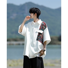 8XL-M民族风拼接短袖衬衫男夏季痞帅半袖衬衣薄款外套DC28009P45，男装衬衫，电商B312