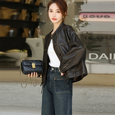 时尚设计感抽绳短外套女2024秋装新款今年流行小个子皮衣夹克，女装皮衣，欧兰熙