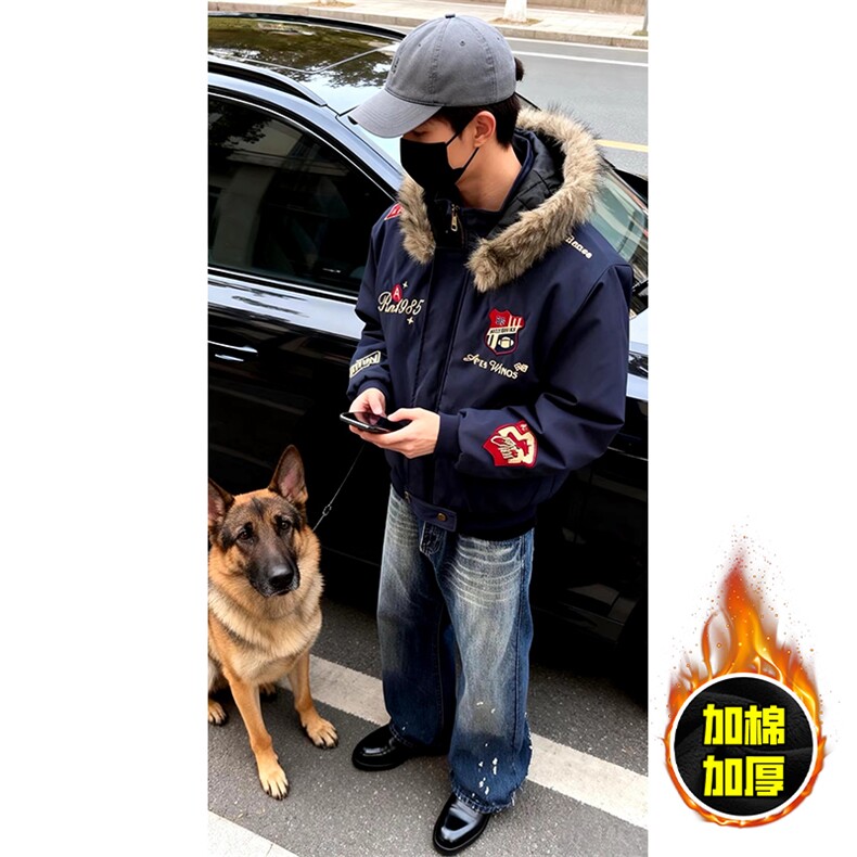 现货高品质美式高街重磅刺绣座山雕大毛毛领棉衣男女加厚棉服外套，男装棉衣，电商A486