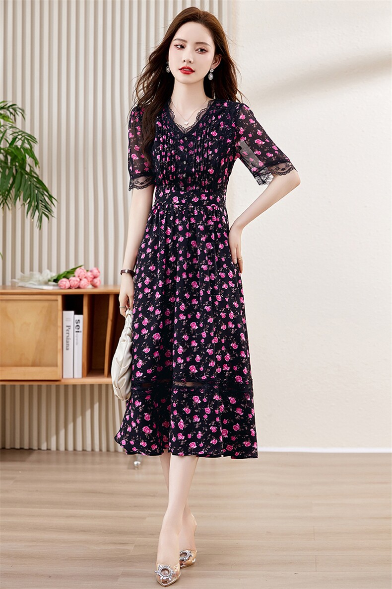 《现货48H发》气质舒适蕾丝花边印花连衣裙,女装连衣裙,魅丽静蓝