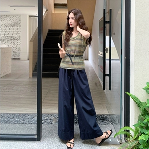 韩系穿搭一整套女2025夏季新款复古彩色针织马甲阔腿裤显瘦两件套图片