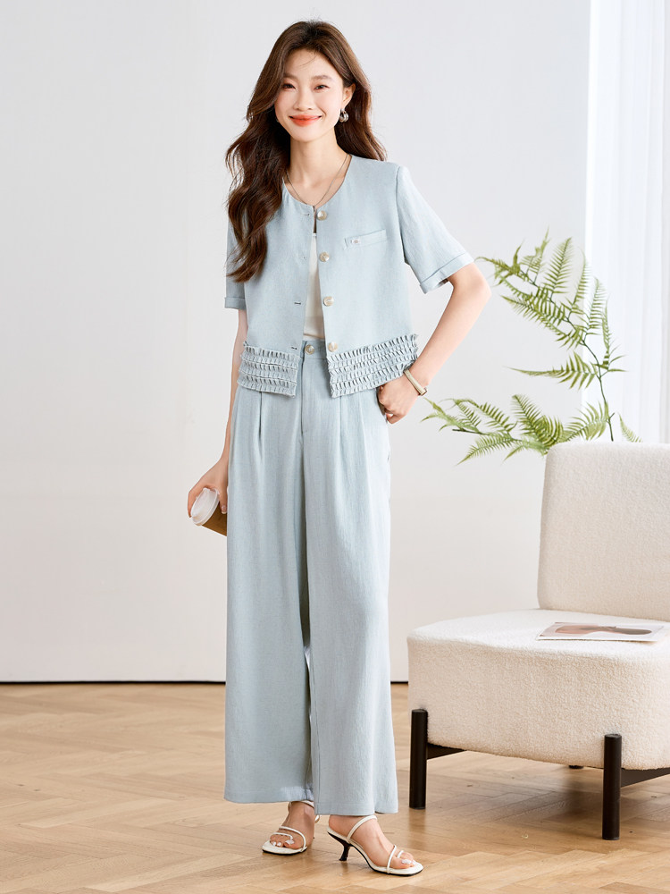 休闲通勤时尚套装女2025夏季新款木耳边圆领上衣阔腿长裤两件套,女装套装/套裙,辉之琳