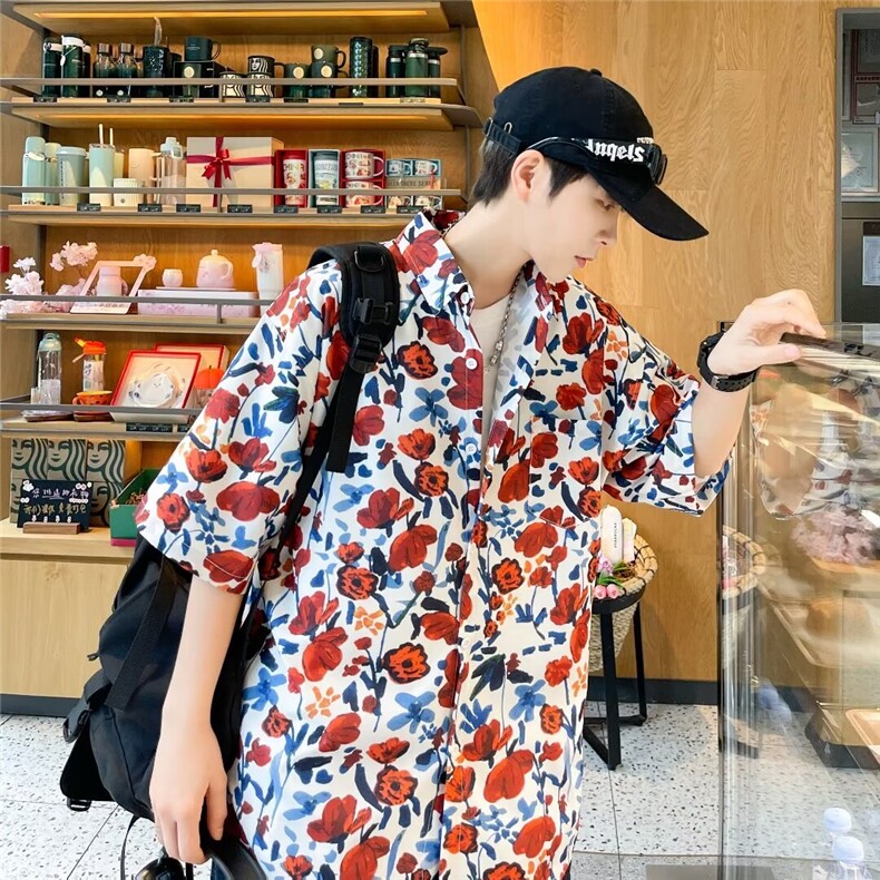 油画复古巴满印花衬衫男潮流港风高弹情侣短袖慵懒衬衣男C649,男装衬衫,星座1116A-1（原606A）