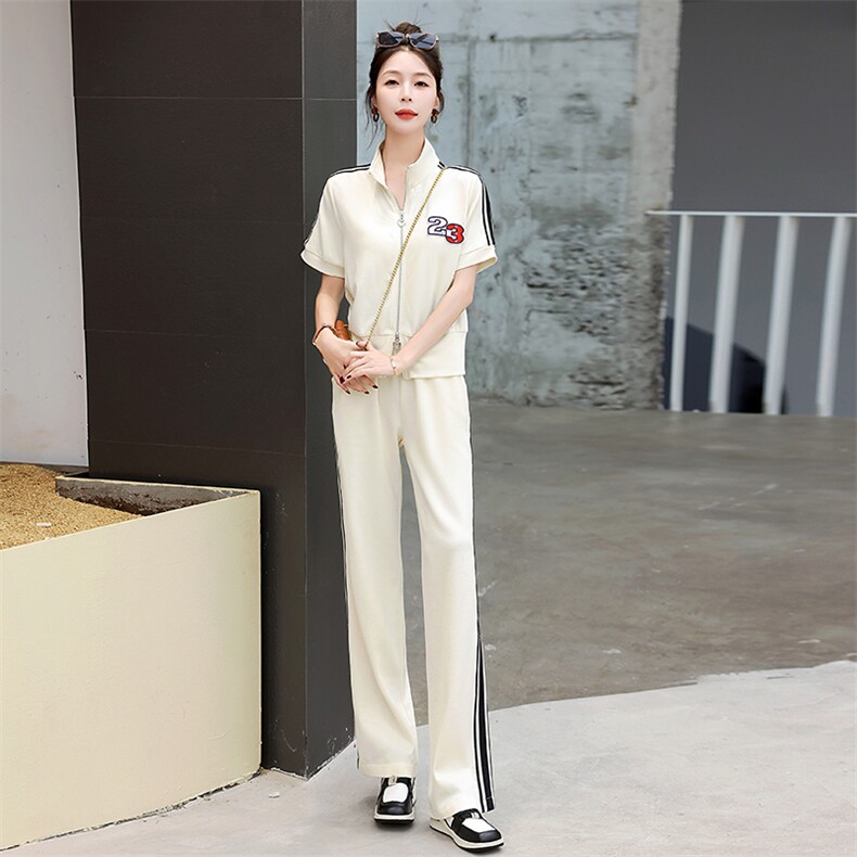 夏季运动套装女短袖2025年新款时尚休闲洋气活泼减龄阔腿裤两件套,女装套装/套裙,星期衣