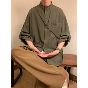 C1020/P28夏款立领五分中袖中性风男女短袖衬衫七分袖大码控38图片