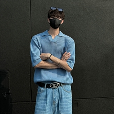 24M05-P50现货男女高街ins潮流夏季短袖套头毛衣蓝色半袖上衣，男装T恤，电商B327