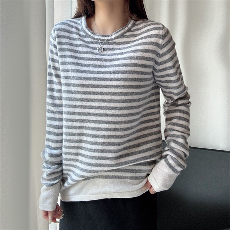 羊范欧美范复古羊毛撞色条纹打底衫女圆领宽松慵懒风长袖上衣，女装羊毛衫，臻纶羊绒