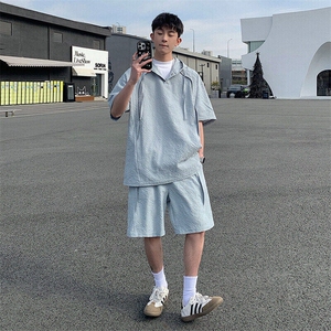 新款休闲带帽短袖短裤套装图片