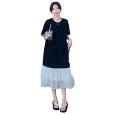 撞色拼接蕾丝网纱显瘦重工连衣裙2025新款女夏微胖宽松短袖卫衣裙，女装连衣裙，2C316