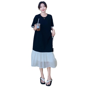 撞色拼接蕾丝网纱显瘦重工连衣裙2025新款女夏微胖宽松短袖卫衣裙图片