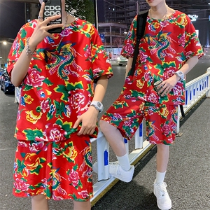 TZ203夏季新款男士T恤短裤套装东北大花大码红色蓝色青年运动套装图片