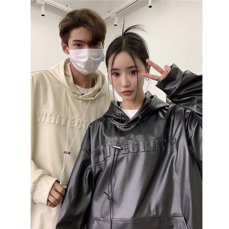 秋装港风潮美式复古压印立体情侣卫衣PU皮衣外套男女G1066P78,男装皮衣,电商A339