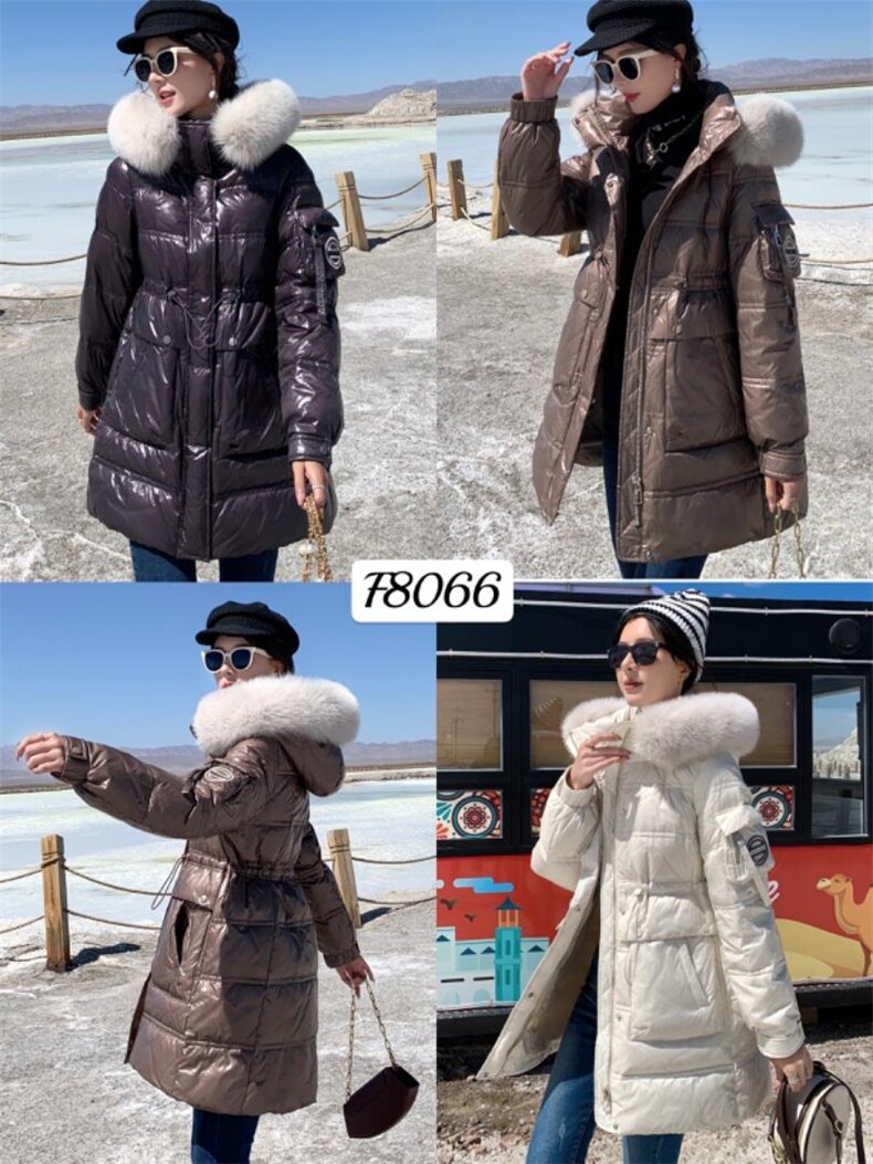 冬季新款收腰大毛领羽绒服中长款，女装羽绒服，百妹仟红