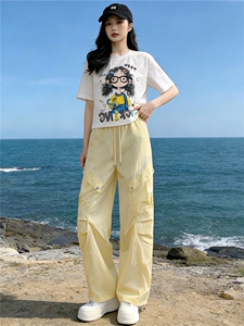 甜美时尚休闲套装女夏季新款圆领卡通印花T恤宽松工装长裤两件套图片