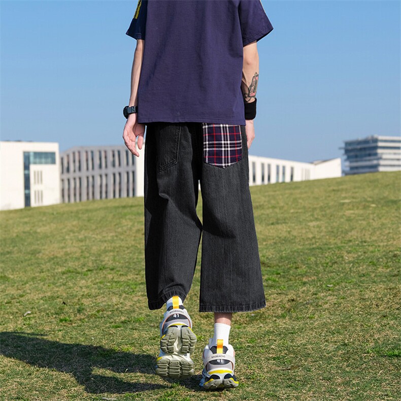 GENIOLAMODE红格子美式复古做旧七分牛仔短裤男士夏季薄款阔腿裤,男装休闲裤,电商A310
