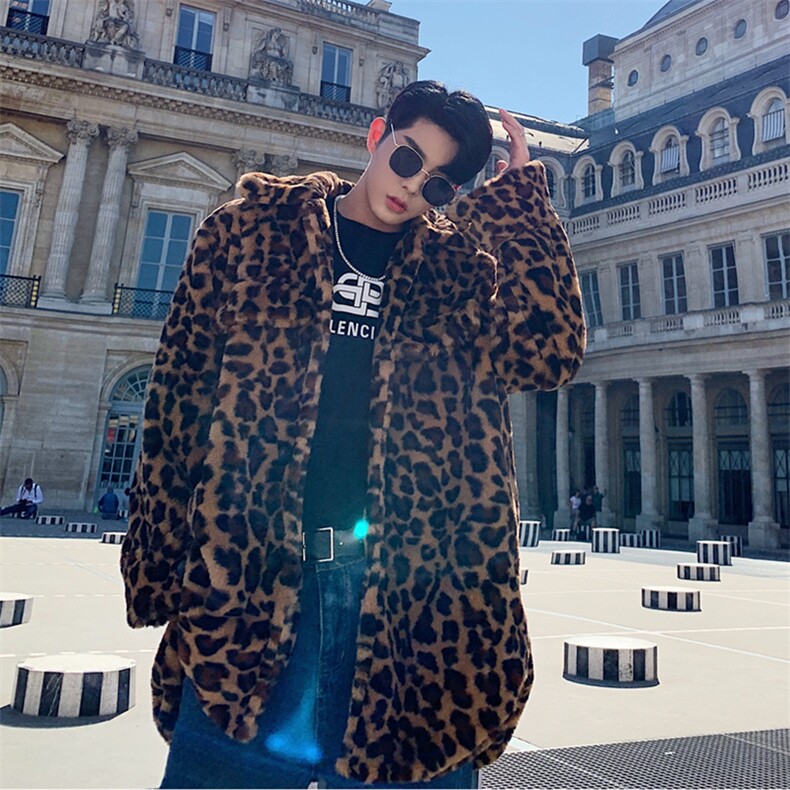 秋冬豹纹仿皮草宽松款欧美羊羔毛绒大衣加厚外套潮A，男装毛呢大衣，电商A345