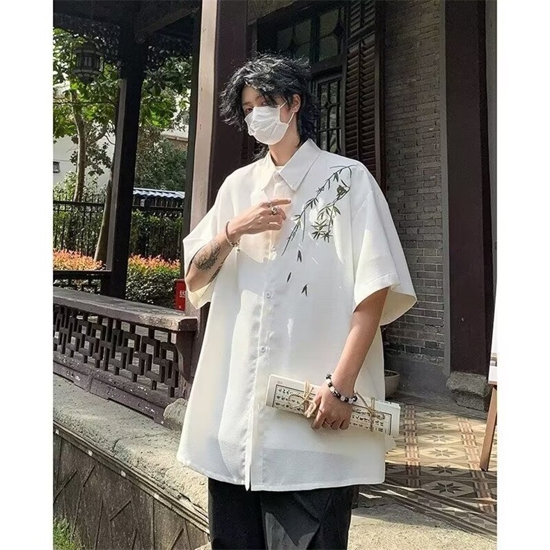 2025新新中式短袖衬衫男夏季冰丝速干港风潮流五分袖开衫上衣防,男装衬衫,星座516A