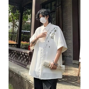 2025新新中式短袖衬衫男夏季冰丝速干港风潮流五分袖开衫上衣防图片