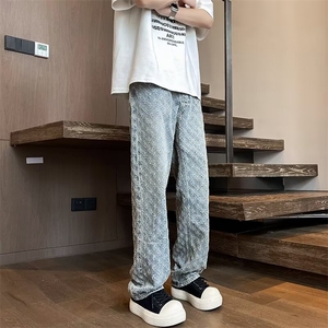 美式复古牛仔裤男新款潮牌宽松满印设计感小众直筒裤子A0222-p45图片