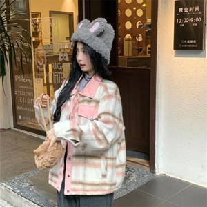 A277-P110 双层内里拼接外套新款小香风毛呢格子慵懒宽松夹克图片