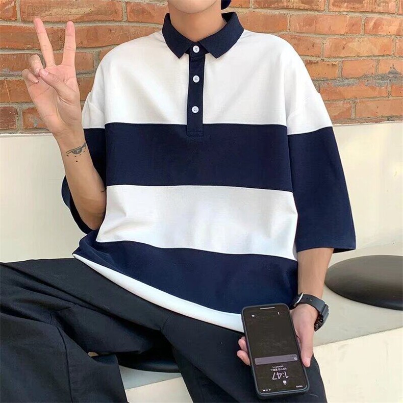 日系复古潮牌条纹POLO衫男短袖夏季宽松情侣翻领半袖保罗衫潮,男装Polo衫,星座506