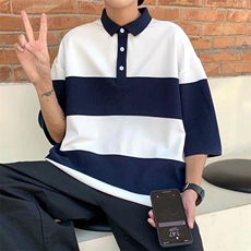 日系复古潮牌条纹POLO衫男短袖夏季宽松情侣翻领半袖保罗衫潮，男装Polo衫，星座506