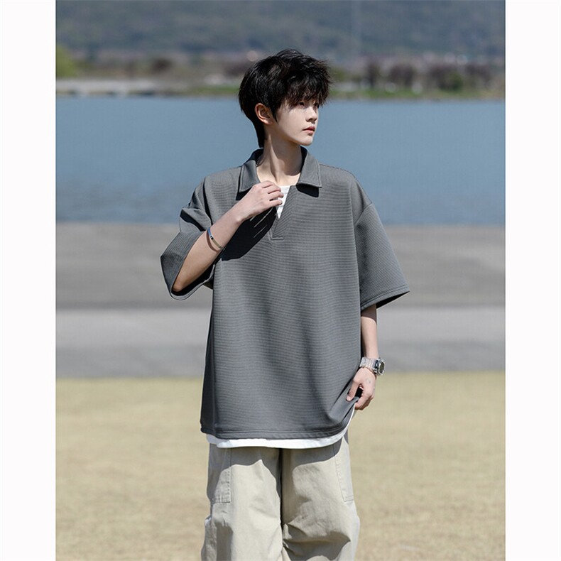 8XL-M假两件V领短袖t恤男夏翻领半袖宽松重磅华夫格大码DT001P40,男装T恤,电商B312