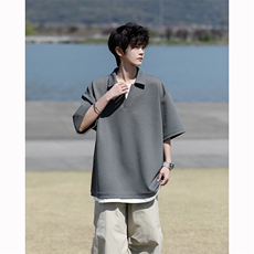 8XL-M假两件V领短袖t恤男夏翻领半袖宽松重磅华夫格大码DT001P40，男装T恤，电商B312