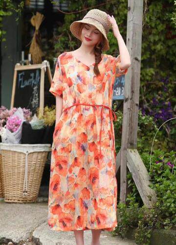 现货2021春夏新款民族风苎麻印花沙滩连衣裙，女装连衣裙，美诗欧 Missorly