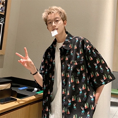EQ412冰丝垂感短袖衬衣夏季男士沙滩旅游衬衫港风潮流P40，男装衬衫，电商C306-1