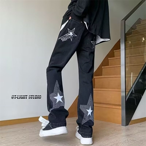 美式高街刺绣星星牛仔裤男修身直筒微喇裤513ACK2343P32图片