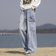 特批P50无差价春夏新款美式复古工装大口袋牛仔宽松直筒阔腿裤813，男装牛仔裤，星座1006