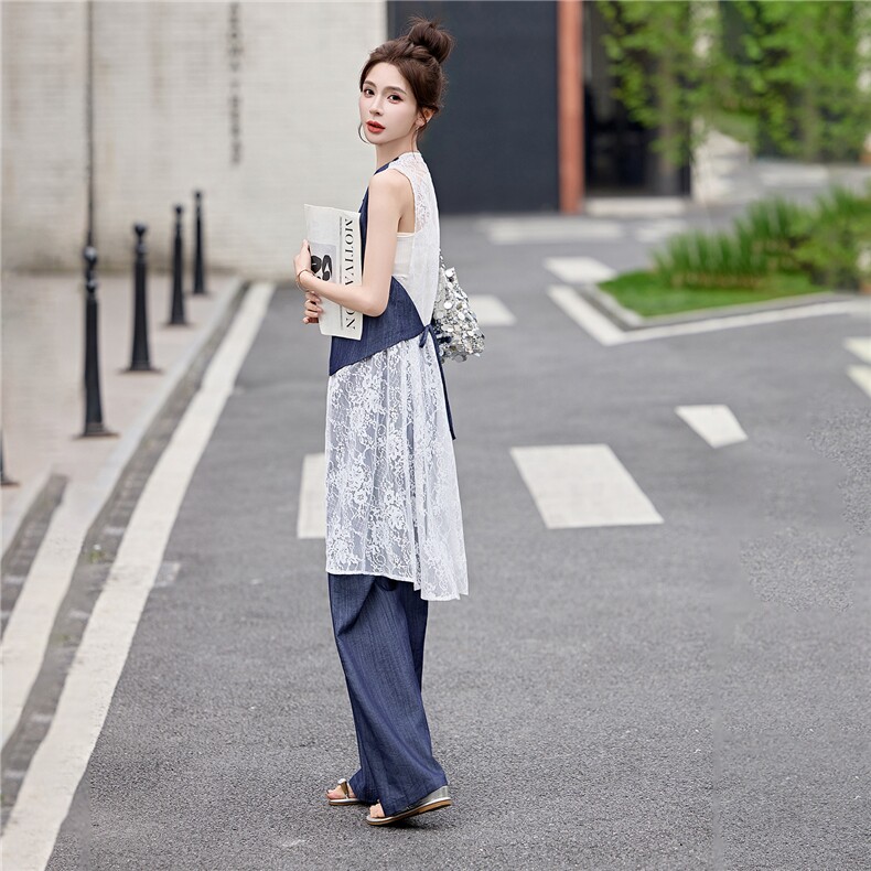 2026年夏季新款女装时尚气质牛仔拼接蕾丝两件套,女装套装/套裙,关键词