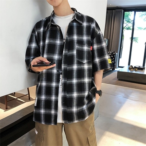 男士港风格子休闲短袖衬衫夏季大码日系 款号C741 P30【特价】图片