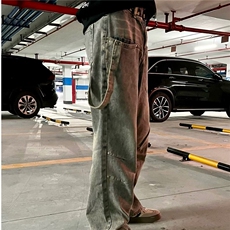 美式水洗做旧直筒牛仔裤女春秋季新款拼接工装裤宽松显瘦阔腿裤子，男装牛仔裤，星座218-1（原230）