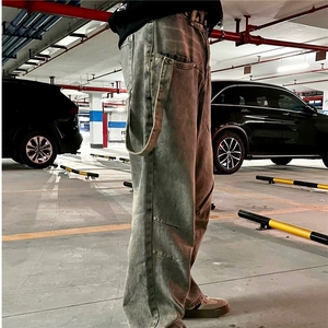 美式水洗做旧直筒牛仔裤女春秋季新款拼接工装裤宽松显瘦阔腿裤子
