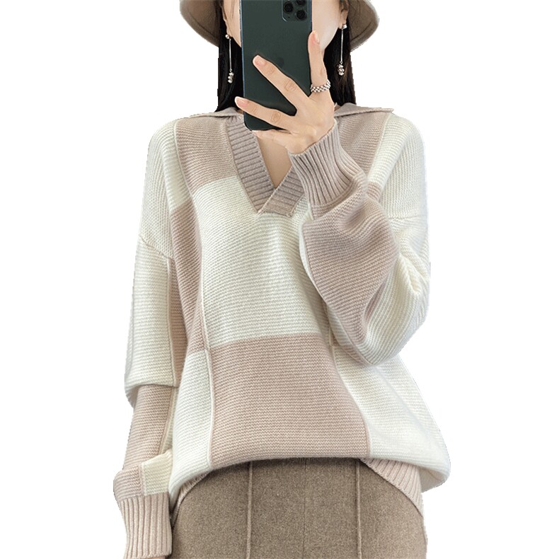 拼色POLO领100%纯羊毛衫女秋冬款长袖毛衣宽松慵懒羊绒衫打底上衣,女装羊毛衫,冀清阳荣