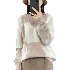 拼色POLO领100%纯羊毛衫女秋冬款长袖毛衣宽松慵懒羊绒衫打底上衣图片