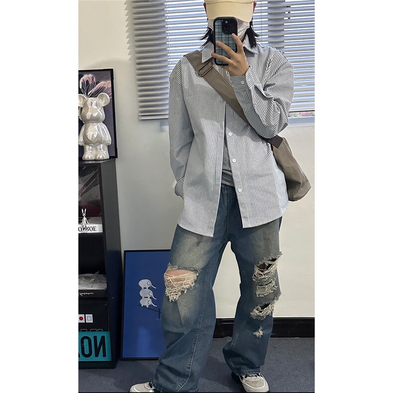 高品质牛仔条纹衬衫潮牌长袖衬衣潮流宽松休闲外套CS017-P30,男装衬衫,星座301C-5
