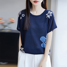 莱塞尔针织提花小飞袖T恤女2025夏薄透气洋气蓝色宽松显瘦短袖T恤，女装针织衫/毛衣，唐诺