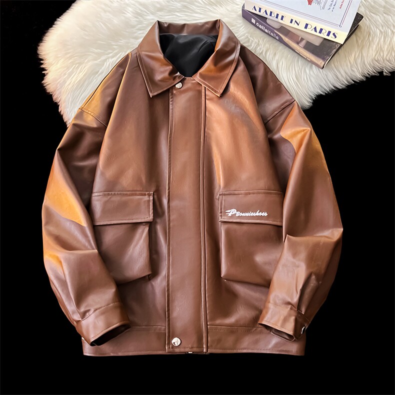 秋季工装刺绣皮夹克男翻领皮衣青年外套潮流A266-PY007-P65，男装皮衣，电商A266