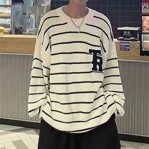 DM5521-P加厚48秋冬撞色条纹针织衫男女宽松情侣款百搭圆领毛衣潮图片