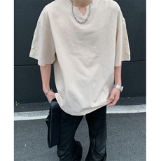 2026夏装V领薄款棉麻五分袖T恤面料:棉T5501/特P20杏色，男装T恤，电商A094