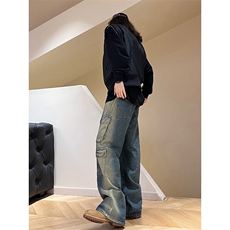 B221美式ins高街重工艺宽松做旧工装牛仔裤子LK23143-P80控108，男装牛仔裤，电商B221