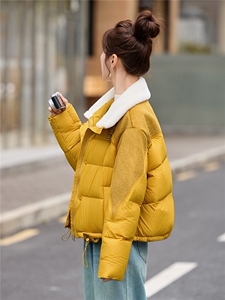 【现货现货】2025冬季新款黄色羽绒服短款加厚保暖羊羔毛拼接外套图片