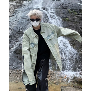 美式高街Vibe黄泥做旧水洗翻领牛仔夹克男FOG拉链外套男 JK8887图片